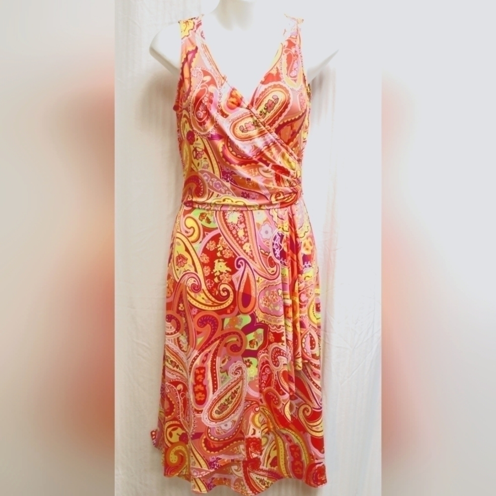 Ralph Lauren Bright Pink & Orange Paisley Sleevless Faux Wrap dress